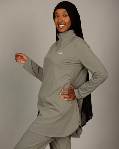 Performance Quarter Zip Loose Top – Gray