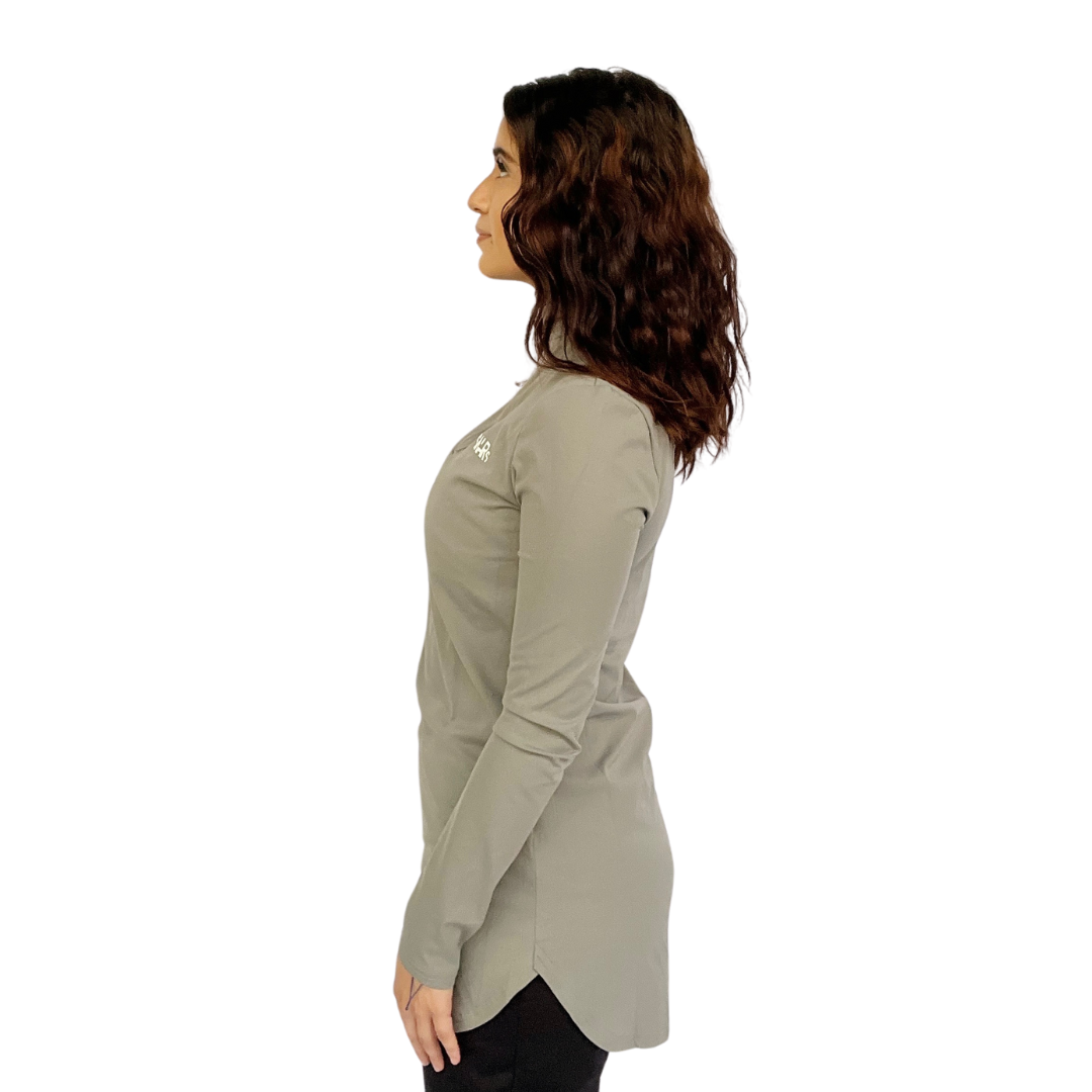 Womens gray long sleeve top featuring coolness, courtesy of its rapid-drying and moisture-wicking technology