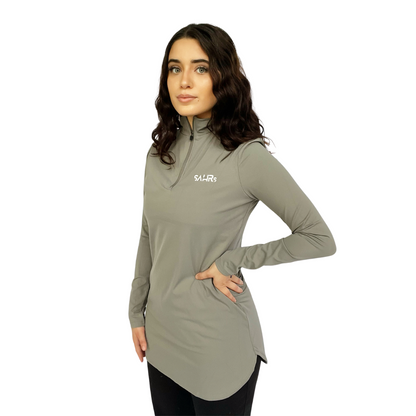 Womens gray long sleeve top featuring coolness, courtesy of its rapid-drying and moisture-wicking technology