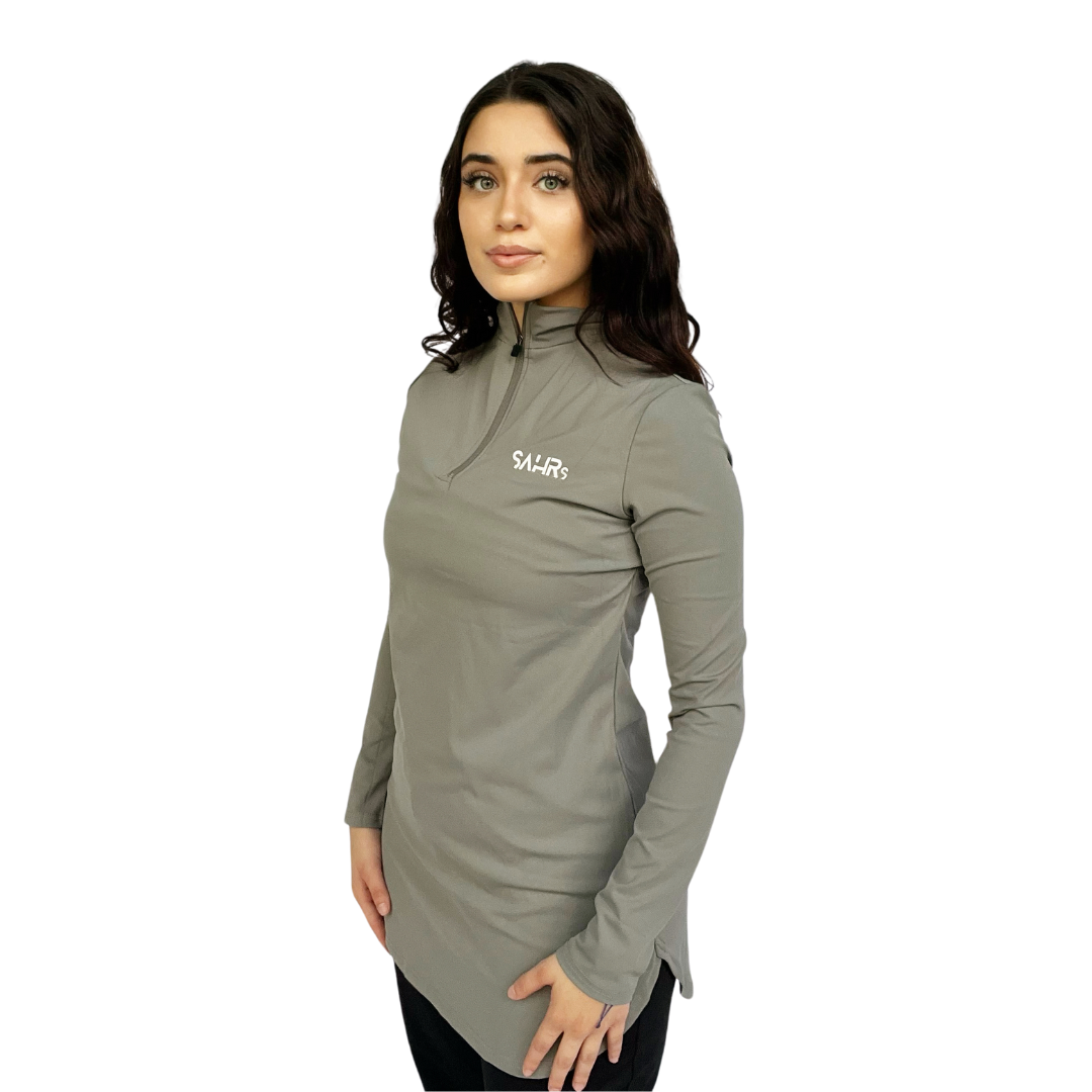 Womens gray long sleeve top featuring coolness, courtesy of its rapid-drying and moisture-wicking technology