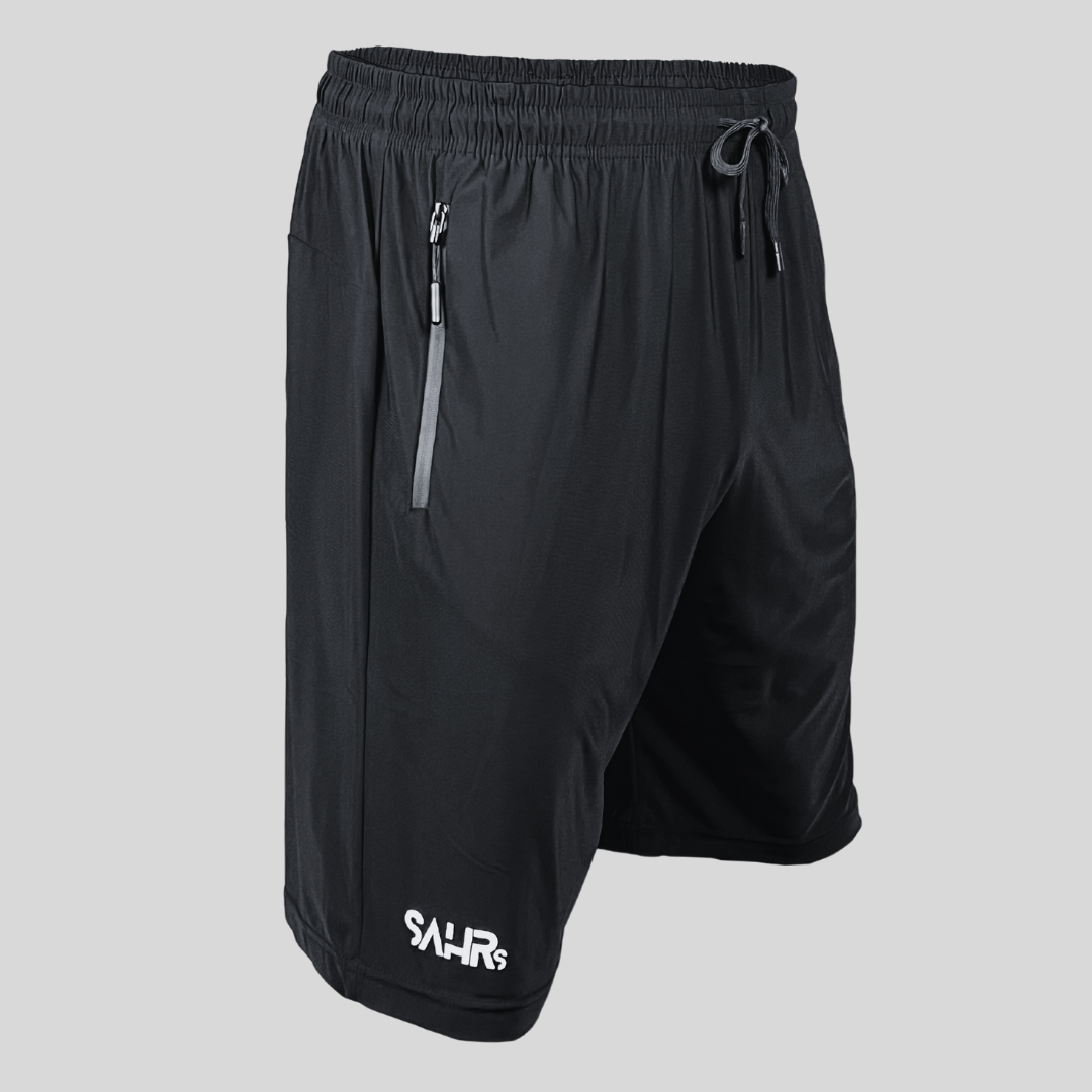 Lightweight black mens shorts with double size zipper pockets, elastic waist, & drawstring
