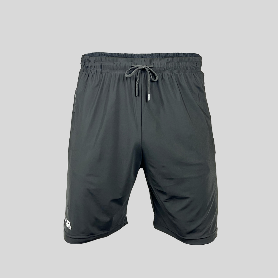 Lightweight gray mens shorts with double size zipper pockets, elastic waist, & drawstring