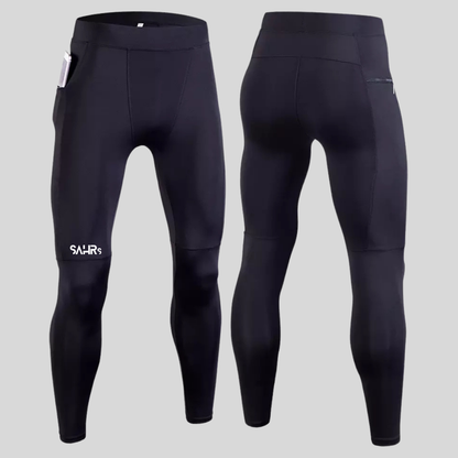 Mens black leggings with ultra-compressive four-way stretch fabric. The breathable fabric effectively draws moisture away.