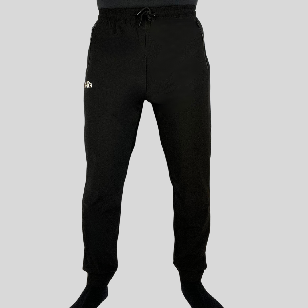 Lightweight black mens pants with double side zipper pockets, elastic waist, & drawstring