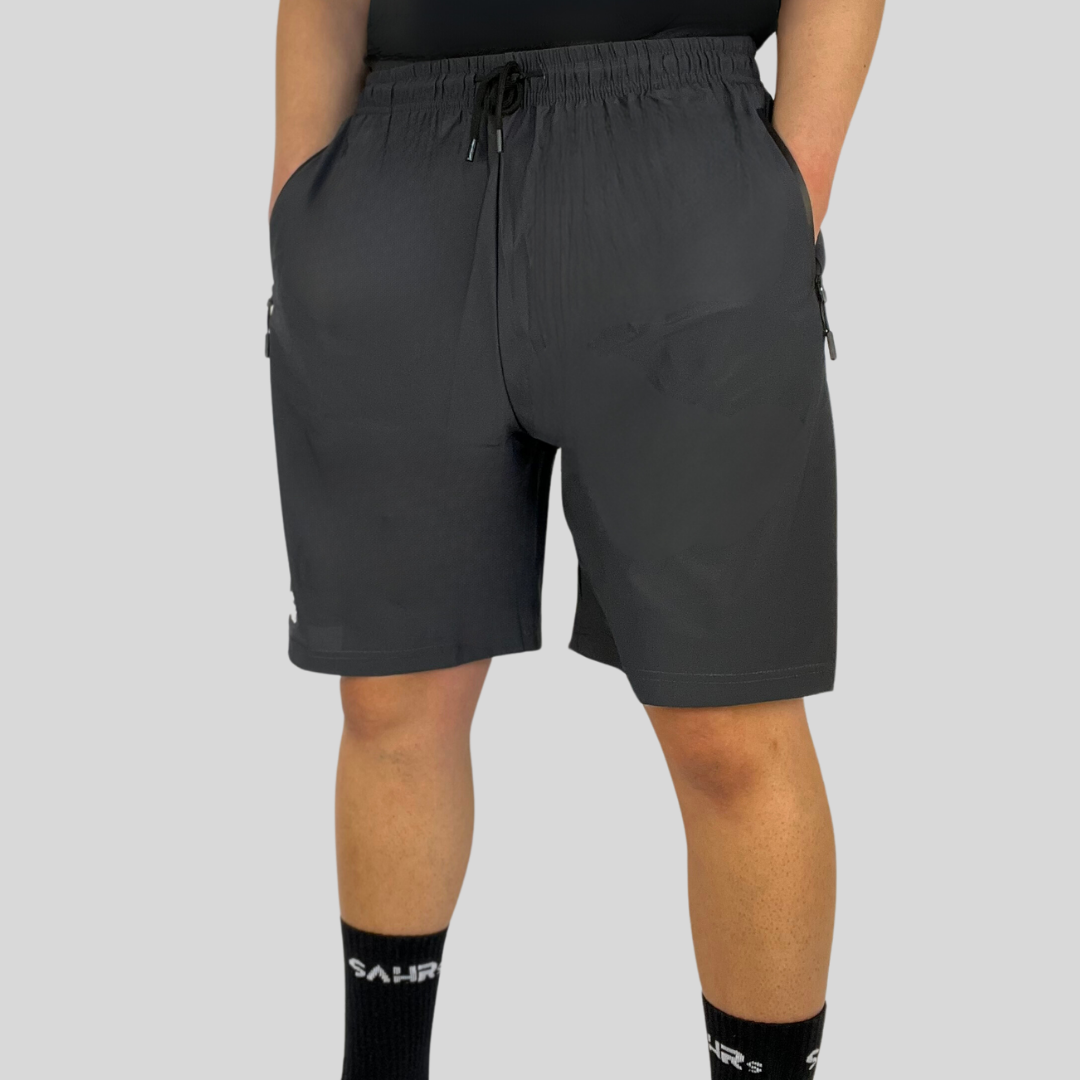 Lightweight gray mens shorts with double size zipper pockets, elastic waist, & drawstring