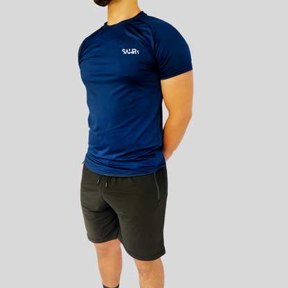 Lightweight mens blue short sleeve shirt with breathable fabric, moisture wicking technology, and curved bottom hem