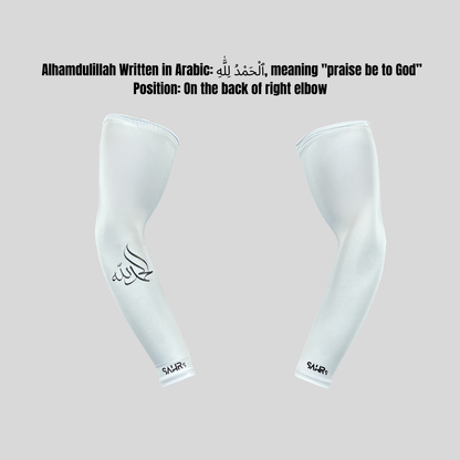 white arm sleeve with writing Alhamdulillah written in Arabic