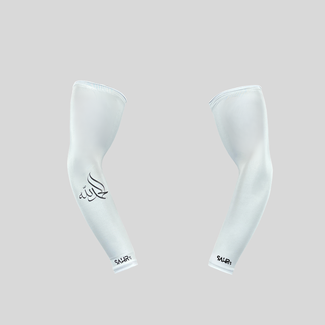 white arm sleeve with writing Alhamdulillah written in Arabic