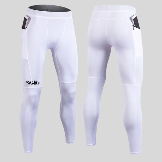 Mens white leggings with ultra-compressive four-way stretch fabric. The breathable fabric effectively draws moisture away.