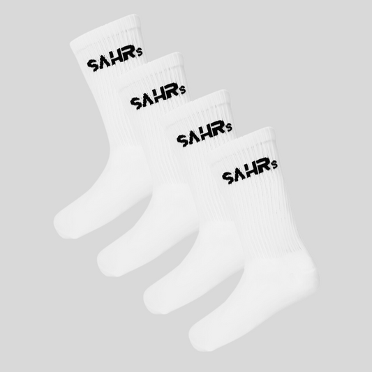 4 pair of white socks with double sided logo.