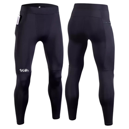 Mens black leggings with ultra-compressive four-way stretch fabric. The breathable fabric effectively draws moisture away.