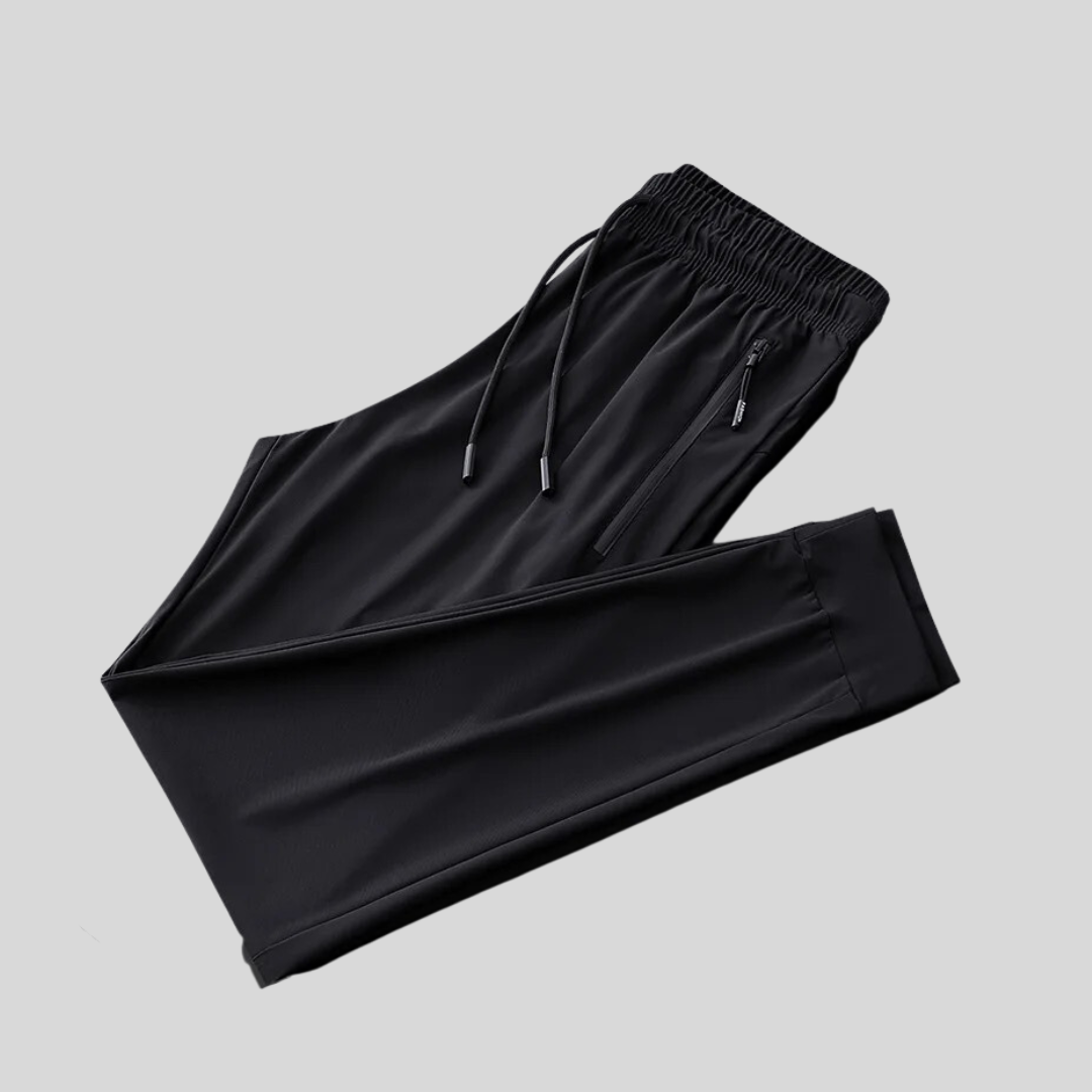 Lightweight black mens pants with double side zipper pockets, elastic waist, & drawstring