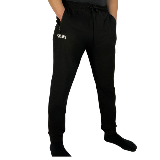 Lightweight black mens pants with double side zipper pockets, elastic waist, & drawstring