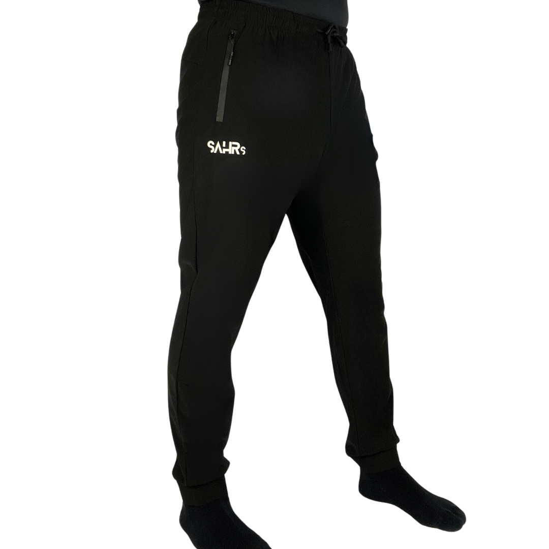 Lightweight black mens pants with double side zipper pockets, elastic waist, & drawstring