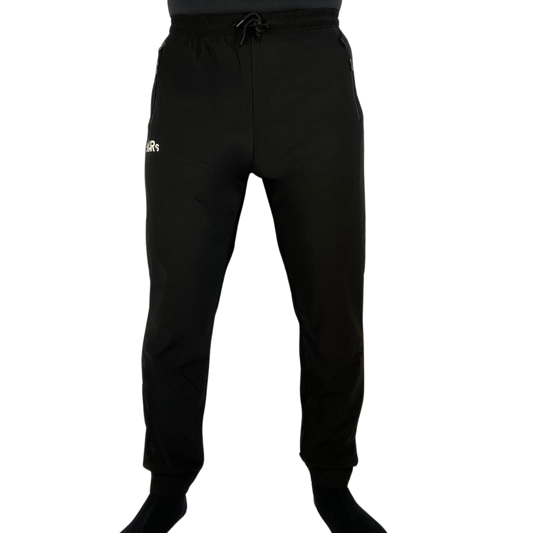 Lightweight black mens pants with double side zipper pockets, elastic waist, & drawstring