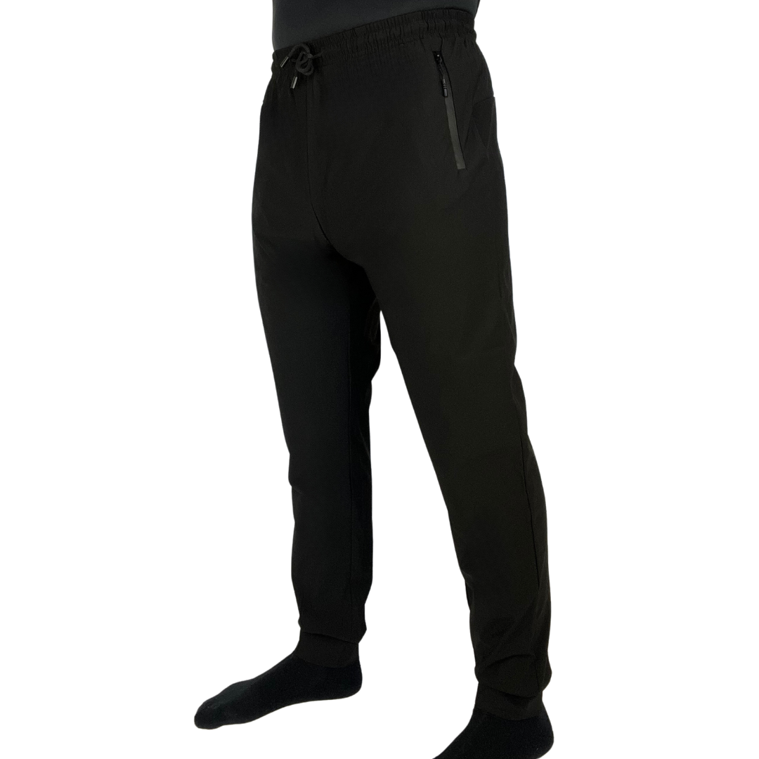 Lightweight black mens pants with double side zipper pockets, elastic waist, & drawstring