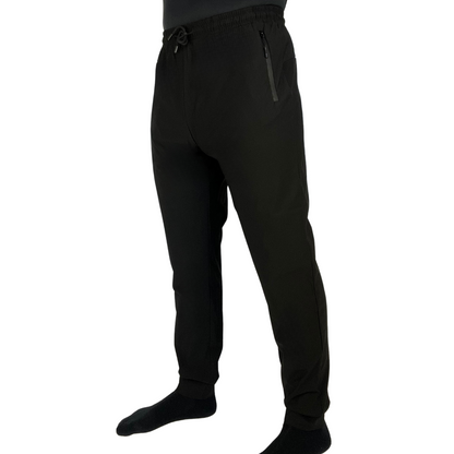 Lightweight black mens pants with double side zipper pockets, elastic waist, & drawstring