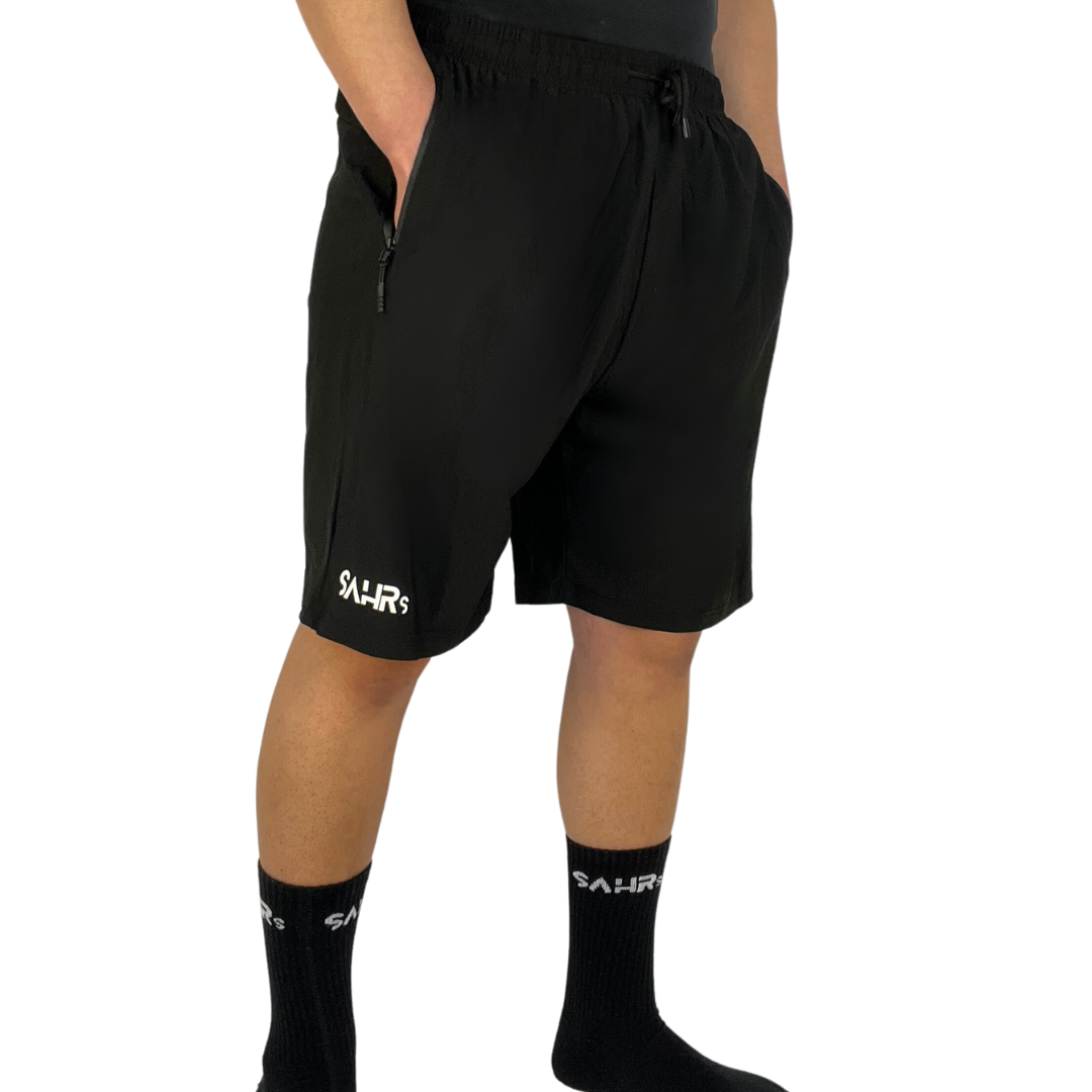 Lightweight black mens shorts with double size zipper pockets, elastic waist, & drawstring