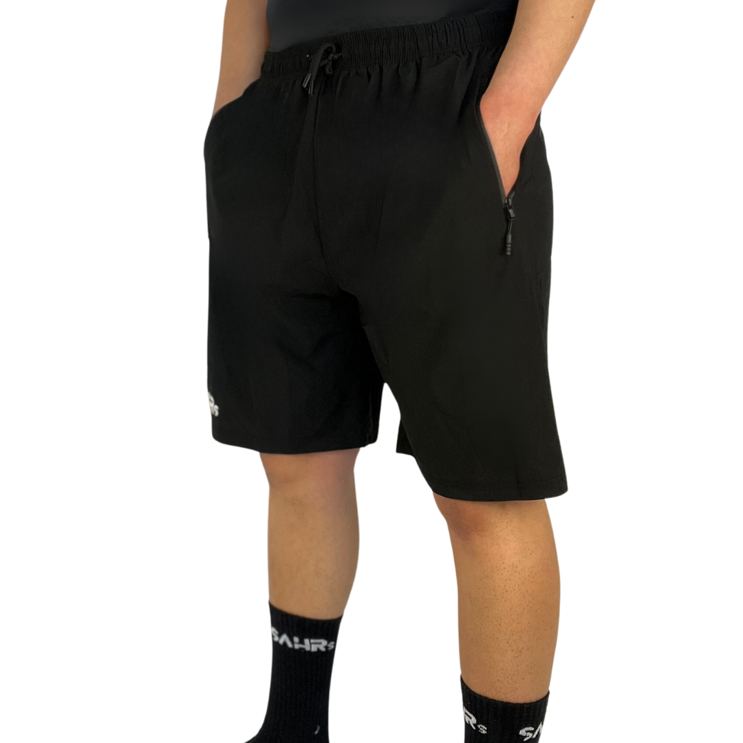 Lightweight black mens shorts with double size zipper pockets, elastic waist, & drawstring