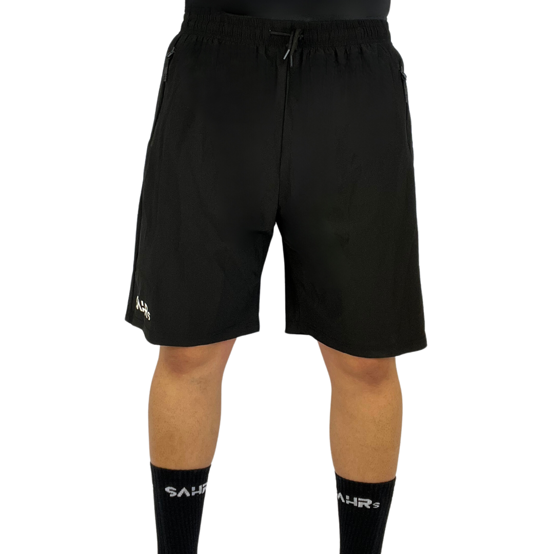 Lightweight black mens shorts with double size zipper pockets, elastic waist, & drawstring