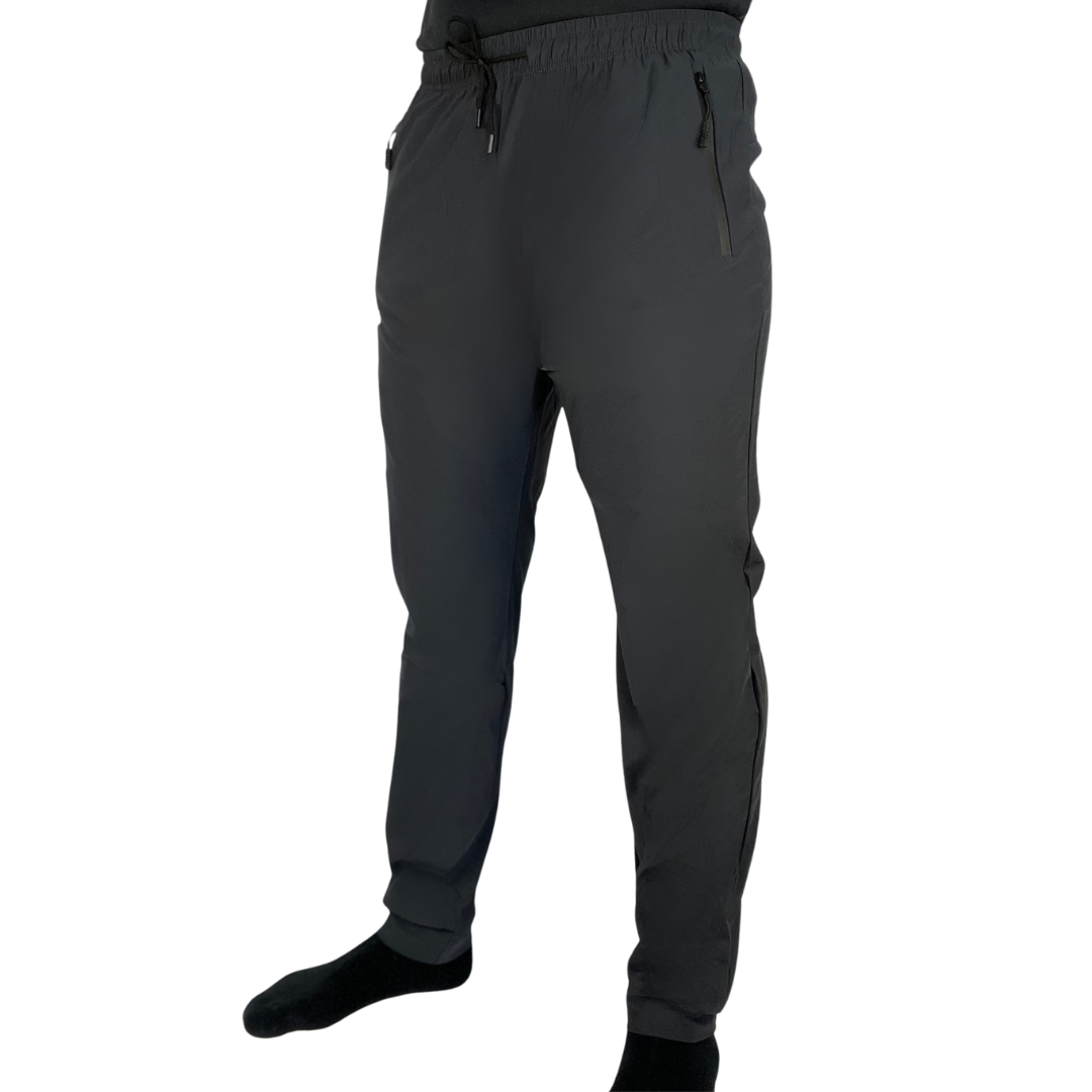 Lightweight gray pants with double side zipper pockets, elastic waist, & drawstring