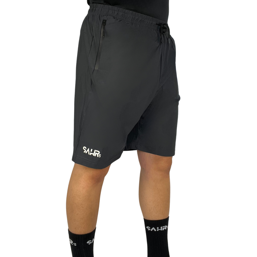 Lightweight gray mens shorts with double size zipper pockets, elastic waist, & drawstring