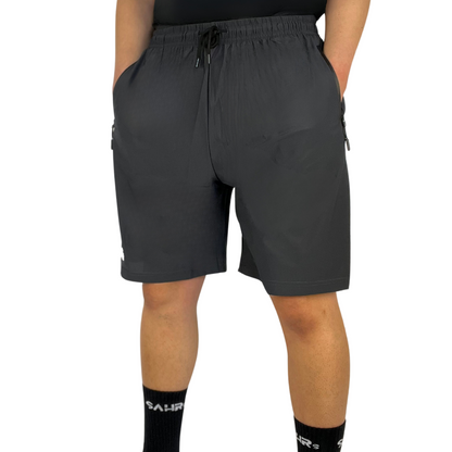 Lightweight gray mens shorts with double size zipper pockets, elastic waist, & drawstring