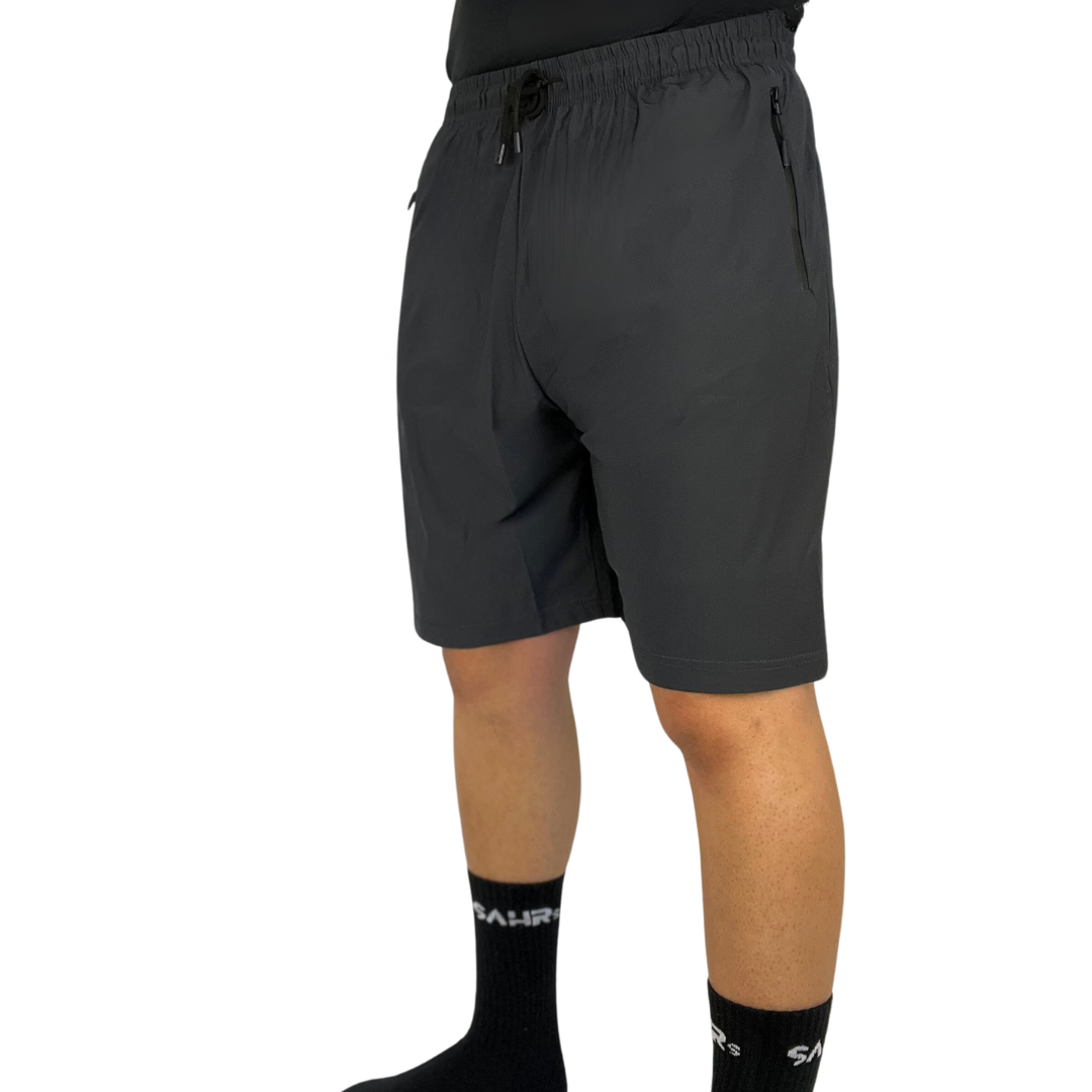 Lightweight gray mens shorts with double size zipper pockets, elastic waist, & drawstring