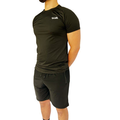 Lightweight mens black short sleeve shirt with breathable fabric, moisture wicking technology, and curved bottom hem