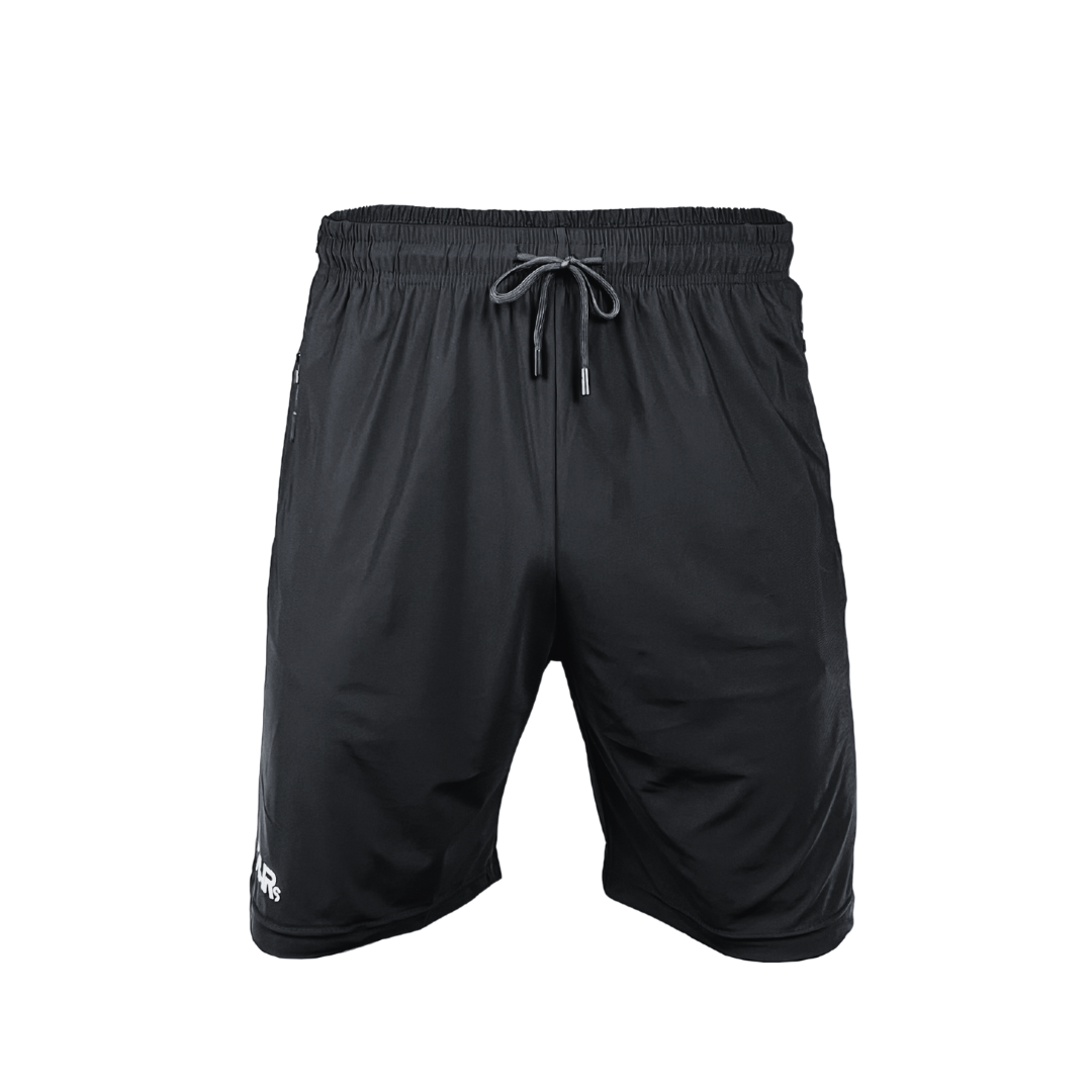 Lightweight black mens shorts with double size zipper pockets, elastic waist, & drawstring