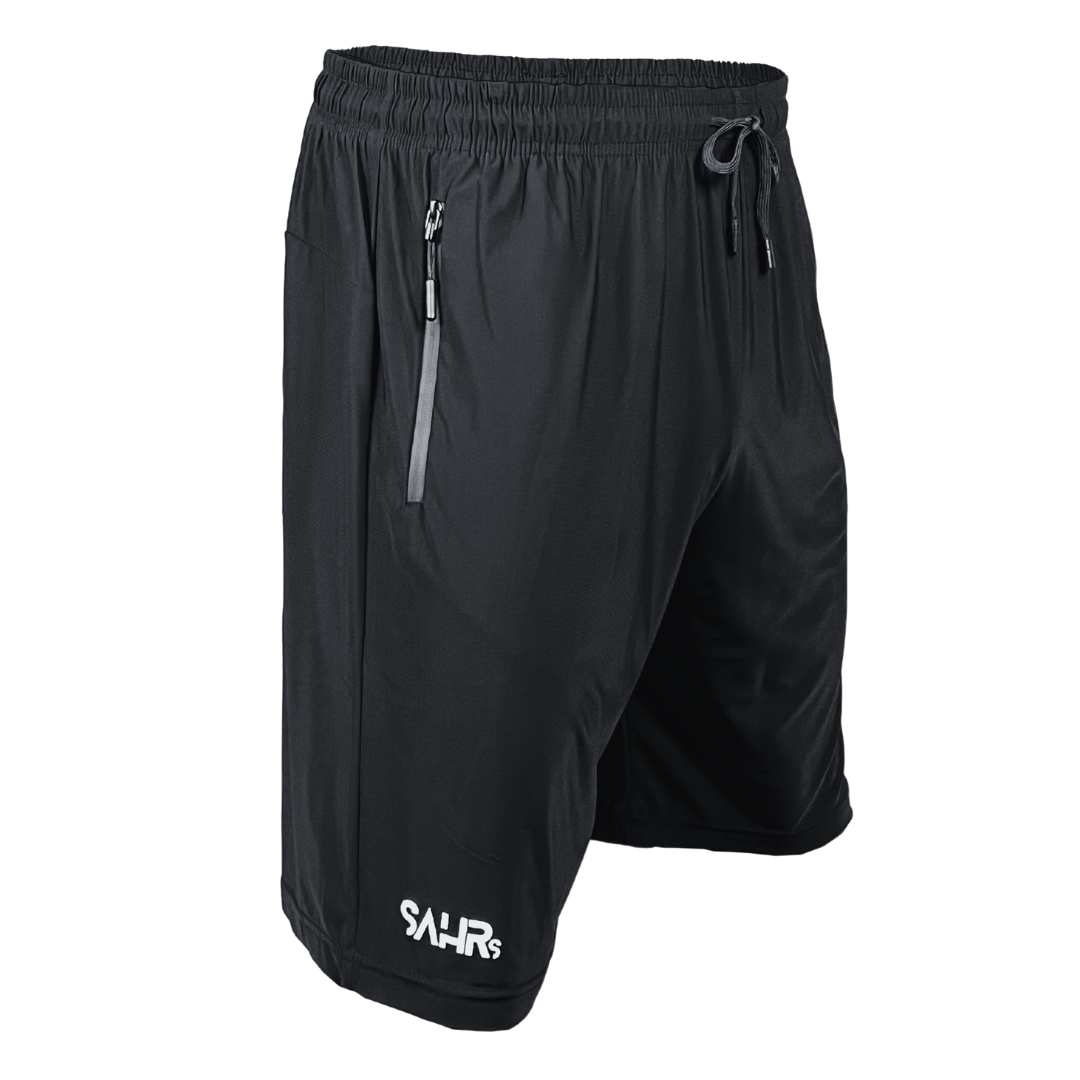 Lightweight black mens shorts with double size zipper pockets, elastic waist, & drawstring