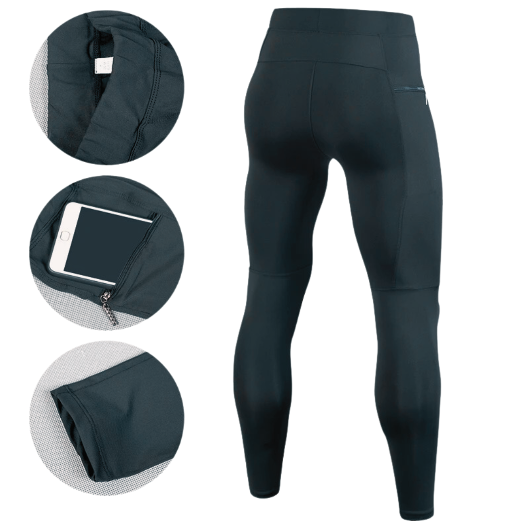 Mens black leggings with ultra-compressive four-way stretch fabric. The breathable fabric effectively draws moisture away.