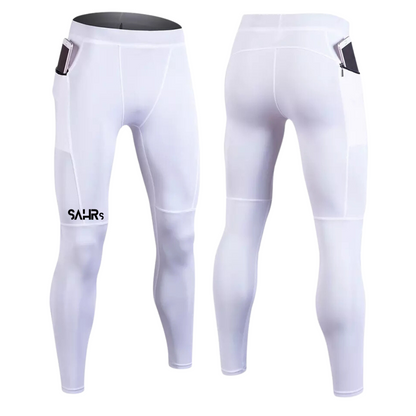 Mens white leggings with ultra-compressive four-way stretch fabric. The breathable fabric effectively draws moisture away.